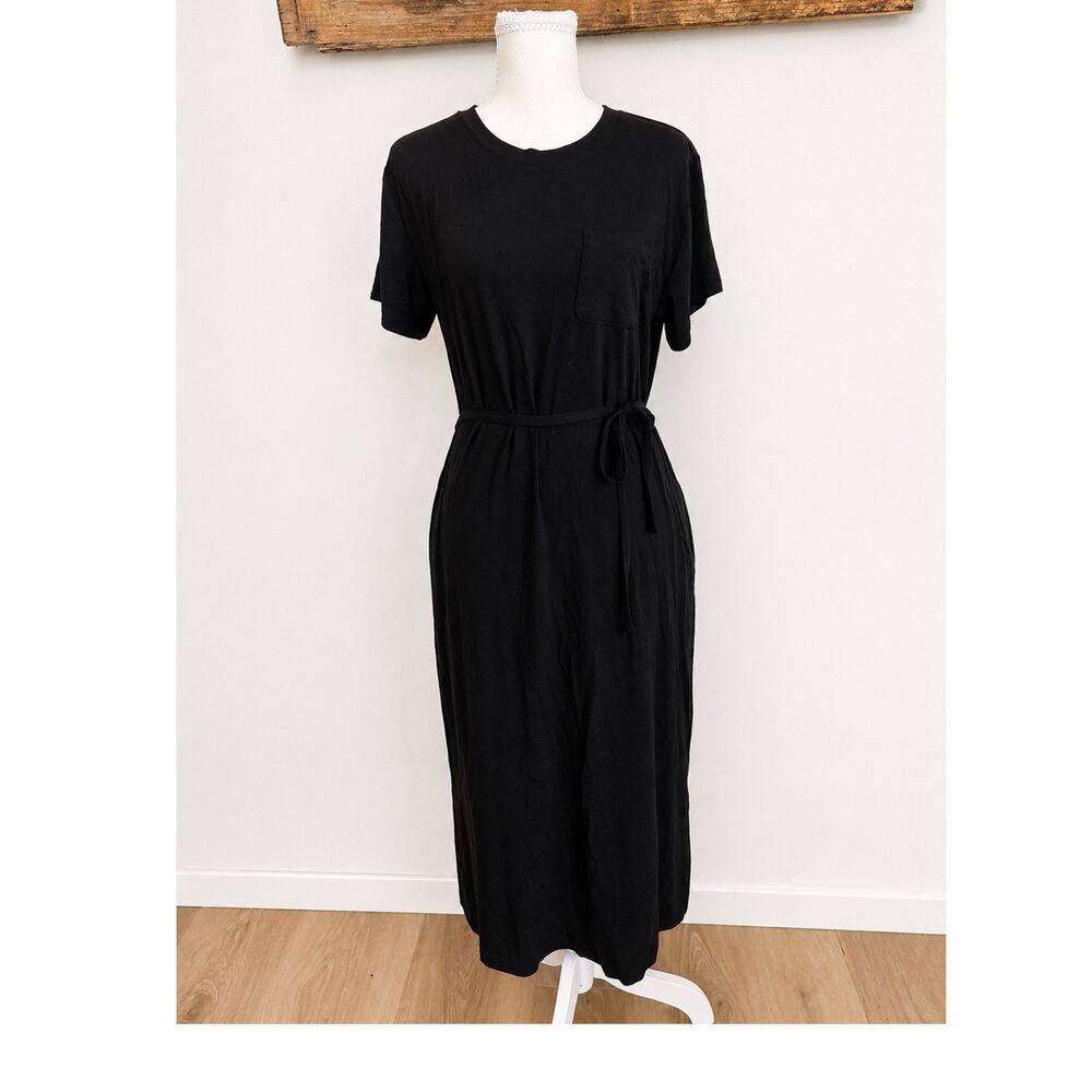 Black Midi Short Sleeve T-Shirt Dress Crew Neck Belted Pocket Size S